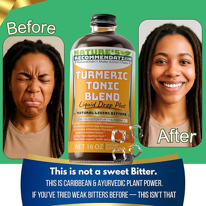 Turmeric Tonic Blend Liquid Drop Plus Living Bitters, 16 oz, with Alkalized Spring Water Amber Glass Bottle