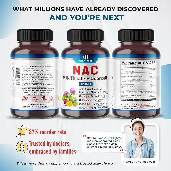 NAC Supplement N-Aetyl Cysteine Enriched with Milk Thistle, Quercetin - Support Immunity, Respiratory Health & Liver Detox | 150 Capsules