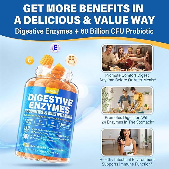 Digestive Enzymes with Probiotic Gummies, Multivitamins, Calcium, Magnesium - All 24 Essential Chewable Multi Enzymes - Papaya, Lipase, Amylase, Bromelain - Breaking Down Carbs, Proteins, Fats, 2Packs