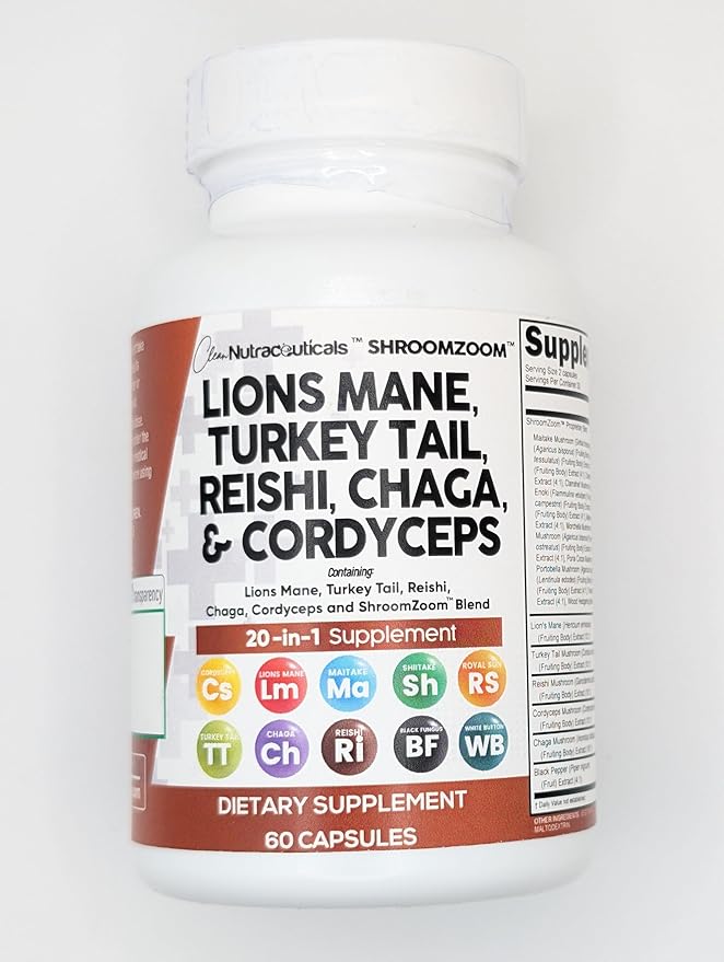 Clean Nutraceuticals Lions Mane 20in1 Mushroom Supplement with Turkey Tail Reishi Cordyceps Chaga Maitake Meshima Poria Cocos Shiitake Oyster Porcini Enoki - 3Pack