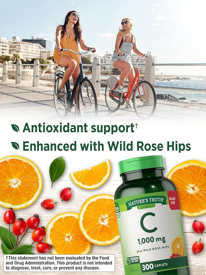 Nature's Truth Vitamin C 1000mg with Rose HIPS Caplets | 300 Count | Vegetarian, Non-GMO & Gluten Free Supplement