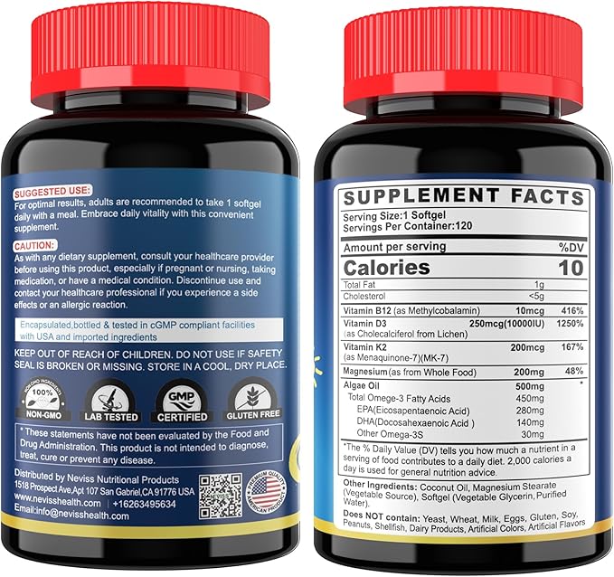 Vitamin D3 K2 -Vitamin D3 10000iu & K2 (Mk-7) 200mcg, Magnesium, Omega 3, Methyl B12, MCT Oil for Optimal Absorption, D3K2 Vitamin & Magnesium Supplement for Bone, Muscle, Immune Health, 240 Softgels