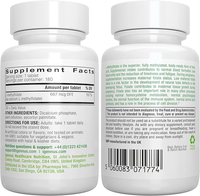 Igennus Pure Methylfolate 667 mcg DFE, Optimized Folate 400 mcg, No Silicon Dioxide, MTHFR Supplement for Women & Men, 180 Small Tablets, Lab Verified, Vegan & Hypoallergenic