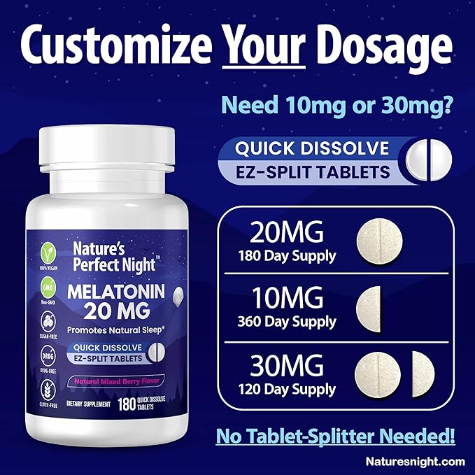Nature's Perfect Night | Melatonin 20mg | 180 Quick Dissolve Tablets | Natural Mixed Berry Flavor |High Potency | Sugar Free | Vegan | Gluten Free | Value Size