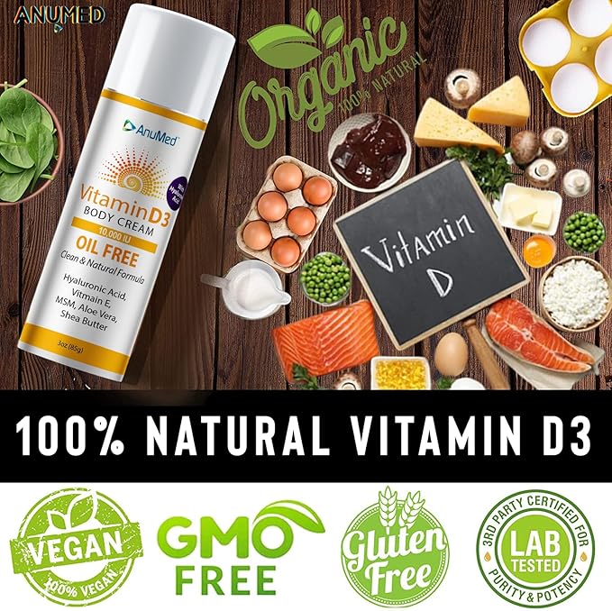 AnuMed Vitamin D3 10,000 IU Oil-Free Cream with Magnesium + Hyaluronic Acid, Vitamin E. Moisturizing Cream for Dry Skin. Non-Greasy, Non-GMO, 100% Vegan, Gluten-Free (3oz)