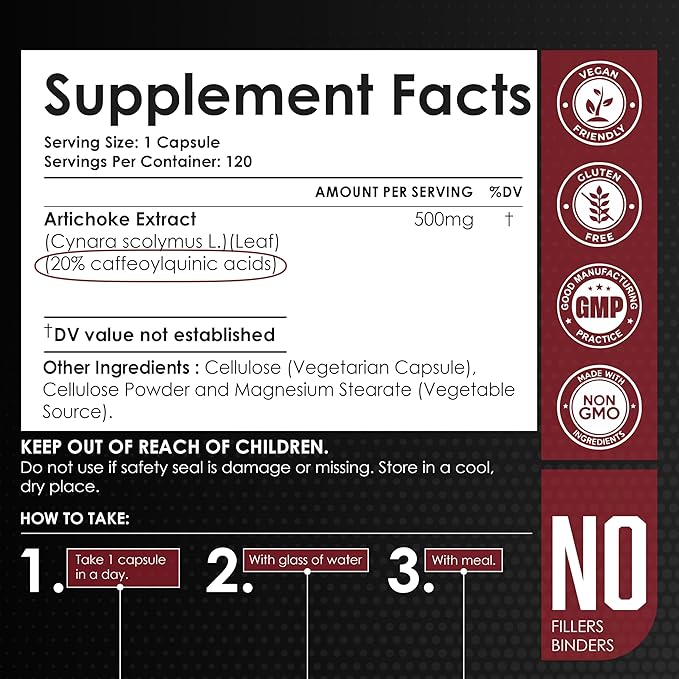 Amalth Artichoke Leaf Extract 120 Veg Capsules -20% Caffeoylquinic Acid Standardized Extract - Supports Liver & Digestion Non-GMO Gluten Free