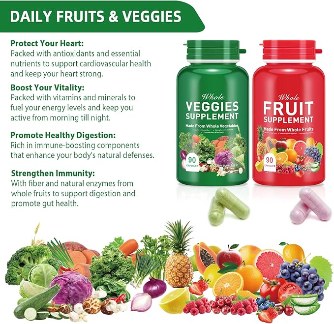 Fruits and Vegetables Supplements,Fruit and Veggies Supplement -90 Fruit & 90 Vegetables High Fiber Supplement for Immunity, Gut & Energy, Superfood Formula, Vegan