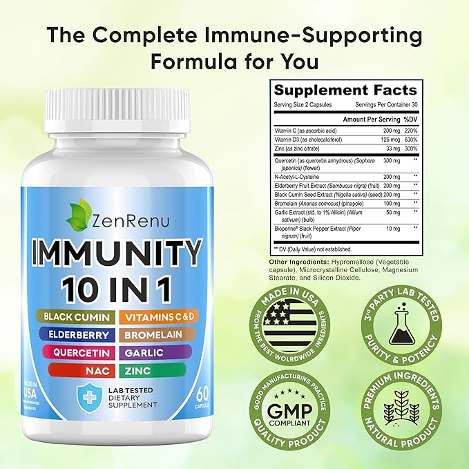 Zenrenu Immune Boosting for Adults - 10 in 1 Immunity Support Supplement with Quercetin, Bromelain, NAC, Elderberry, Vitamin C & D3 for Immune Defense & Antioxidant - Easy to Absorb Capsules