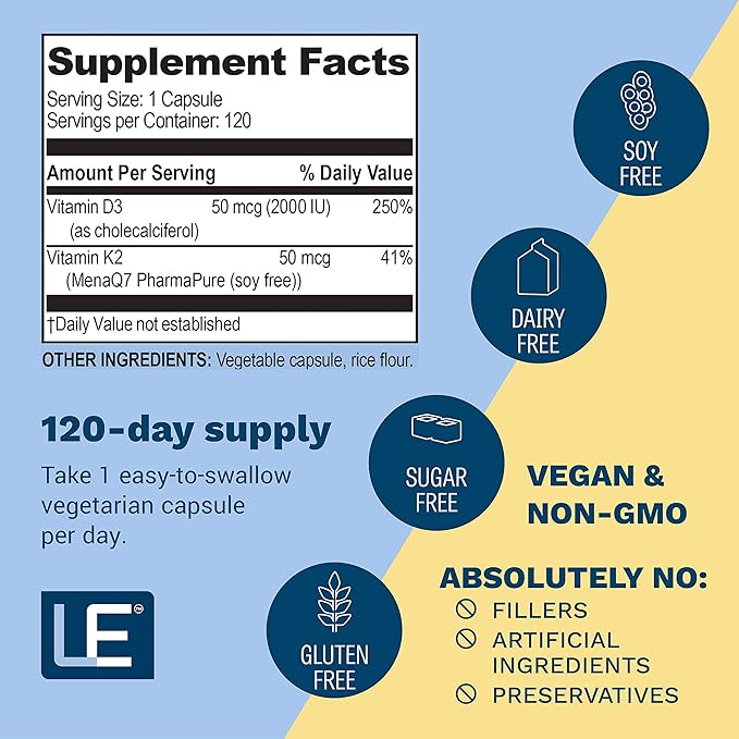 Vitamin D3 K2-2000 IU D3 with MK-7 (Soy-Free) - Bone Strength and Immune Support - 120 Vegetarian Capsules (D3+K2 Ultra)