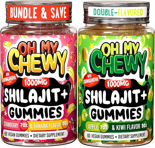 Pure Himalayan Shilajit Gummies - 100% Authentic Shilajit Reisin Extract for Men and Women with Ashwagandha and Shatavari - 60 Gummy - Apple & Kiwi and Strawberry & Banana Bundle