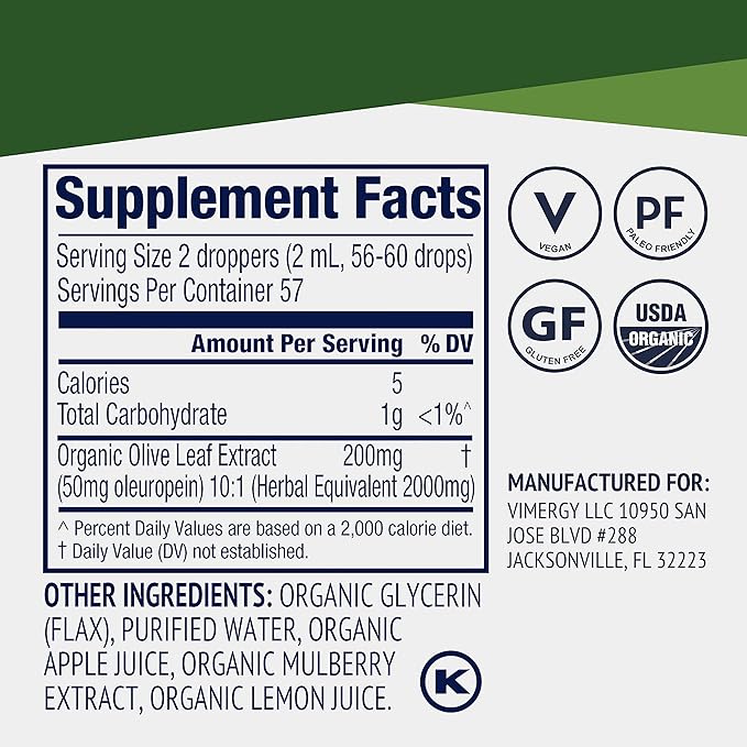 Vimergy Olive Leaf – Supports Immune Health* – Benefits Cardiovascular Function* – USDA Certified Organic, Vegan, Paleo-Friendly and Gluten-Free – 115 mL (57 Servings)