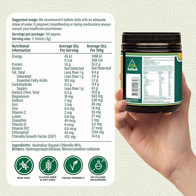 Organic Chlorella Tablets, Australian | Advanced BioDynamic Cracked Cell Wall | Chlorophyll-Rich, Vitamins, Minerals, CGF| Supports Good Health, Wellbeing | Vegan (Natural, 600)