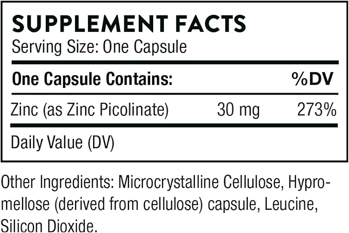 THORNE Zinc Picolinate 30 mg - Well-Absorbed Zinc Supplement for Growth and Immune Function* - 60 Capsules