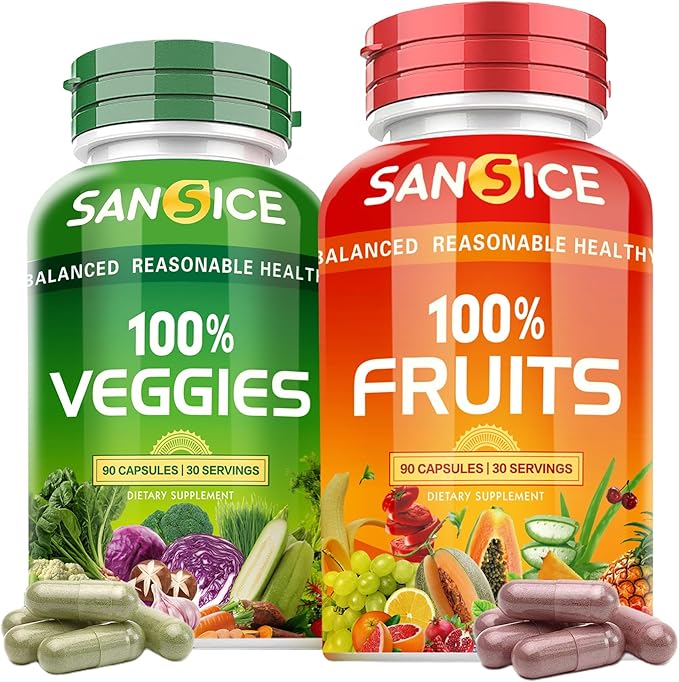 Fruits and Veggies Supplement, Natural Fruit and Vegetable Vitamins Soy Free & Non-GMO Vegetable and Fruit Supplements for Women Men and Kids - 90 Fruit Capsules, 90 Veggie Capsules