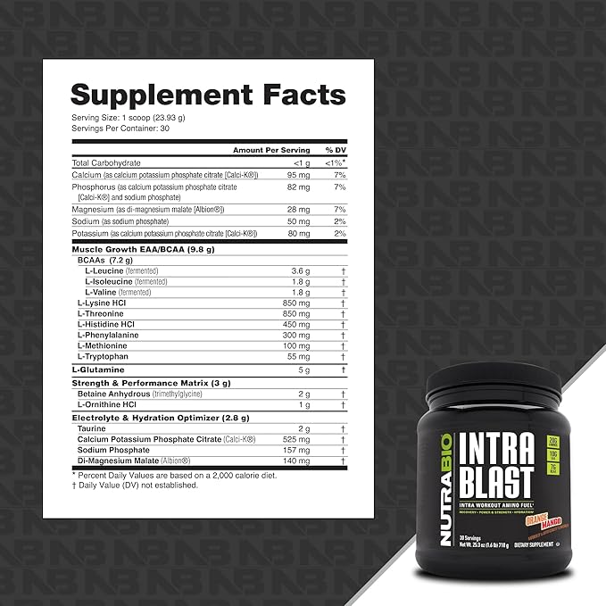 NutraBio Intra Blast Electrolyte Performance Matrix (723 g) 30 Servings, Orange Mango