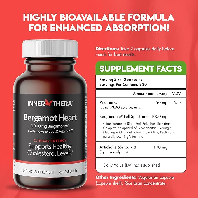 Bergamot Heart -1000mg Certified Bergamonte Citrus Bergamot - Cardiologist Developed & Clinically Proven - Highest Polyphenols - Supplement for High Cholesterol & Heart Health