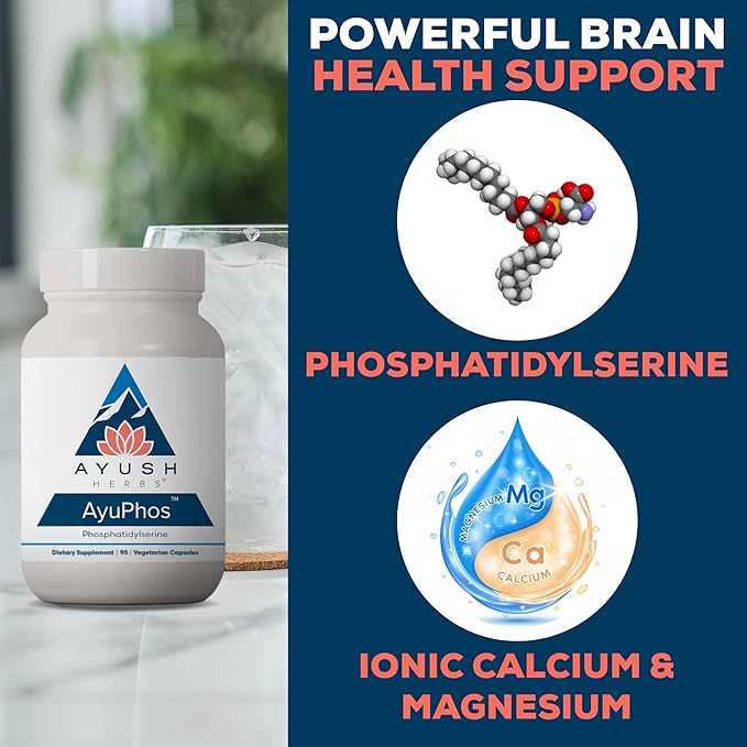 Ayush Herbs AyuPhos - Phosphatidylserine Supplement for Men & Women, Soy-Free Phosphatidyl Serine, Brain, Memory, & Cognitive Support for Adults, 200mg Per Pill - 90 Vegetarian Capsules (1 Count)