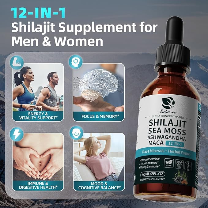 (3 Pack) Lukaree Shilajit Liquid Drops with Sea Moss, Ashwagandha, Maca, Fulvic Acid, Trace Minerals, 12-IN-1 Liquid Vitamins Supplement for Men and Women, Energy, Antioxidant, Immune Support, 3 FL OZ