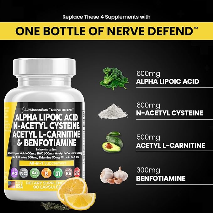 Alpha Lipoic Acid 600mg N-Acetyl Cysteine 600mg Acetyl L-Carnitine 500mg Benfotiamine 300mg - Nerve Support Supplement for Women and Men with Vitamin B1, B6 & B12 - Made in USA 90 Caps