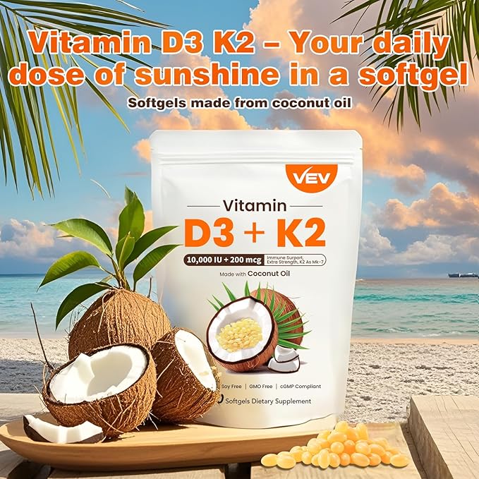 VEV Vitamin D3 Con K2 10000 IU, 300 Virgin Coconut Oil Softgels, 2 in 1 Vitamins Supplement D & K (Include MK7), Easy to Swallow, Supports Calcium Absorption, Bone Health(Packaging May Vary)