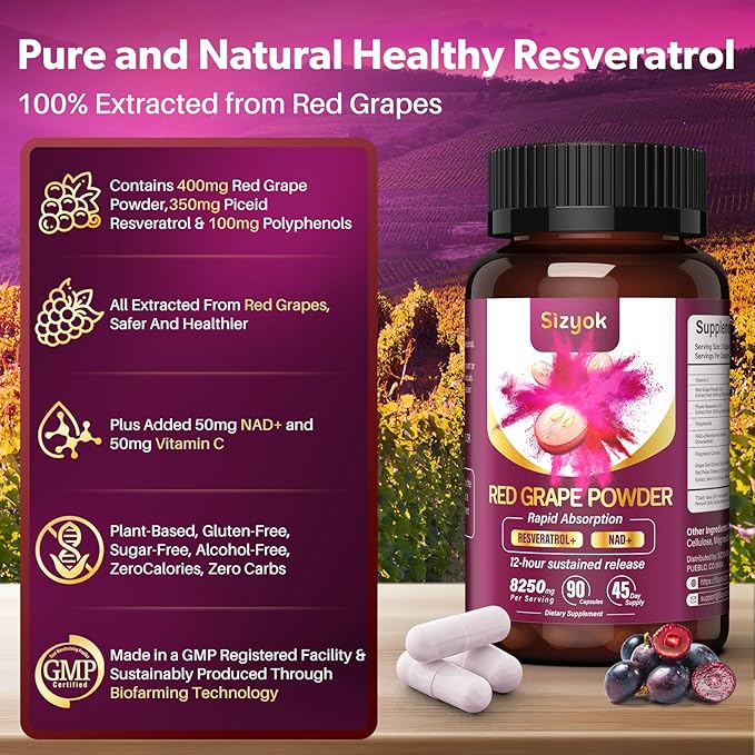 Piceid Resveratrol Supplement and NAD+ Cell Regenerator, Nitric Oxide Supplement, Support Heart Health, Blood Flow, Cellular Energy Production & Metabolism, Red Grape Powder, 45 Day Supply, 3 Pack