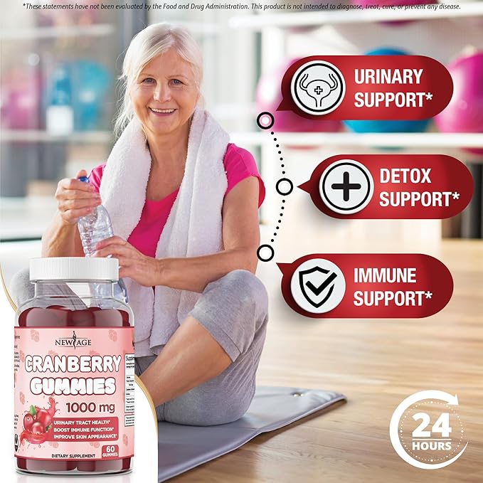 NEW AGE Cranberry Gummies Urinary Tract Health Gummies 1000mg - Supports Bladder, Kidney, UTI - Vegetarian (Cranberry 60 Gummies)