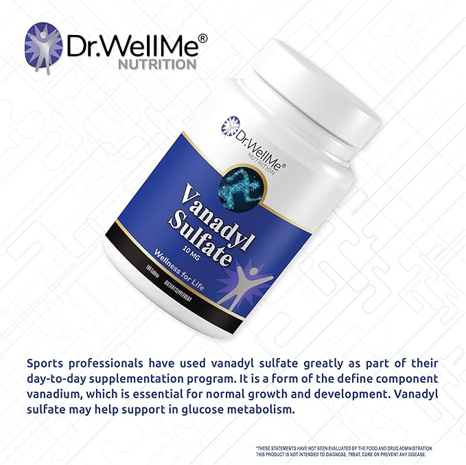 Dr.WellMe Vanadyl Sulfate Supplement 10 mg – 100 Tablets – Maintains Healthy Blood Sugar Level – Non-GMO, Gluten-Free Tablets for Blood Sugar & Glucose Support
