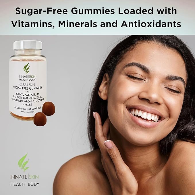 Clear Skin Acne Gummies - Complexion Supplement, Pantothenic Acid & Antioxidants, Vitamins 60 Count