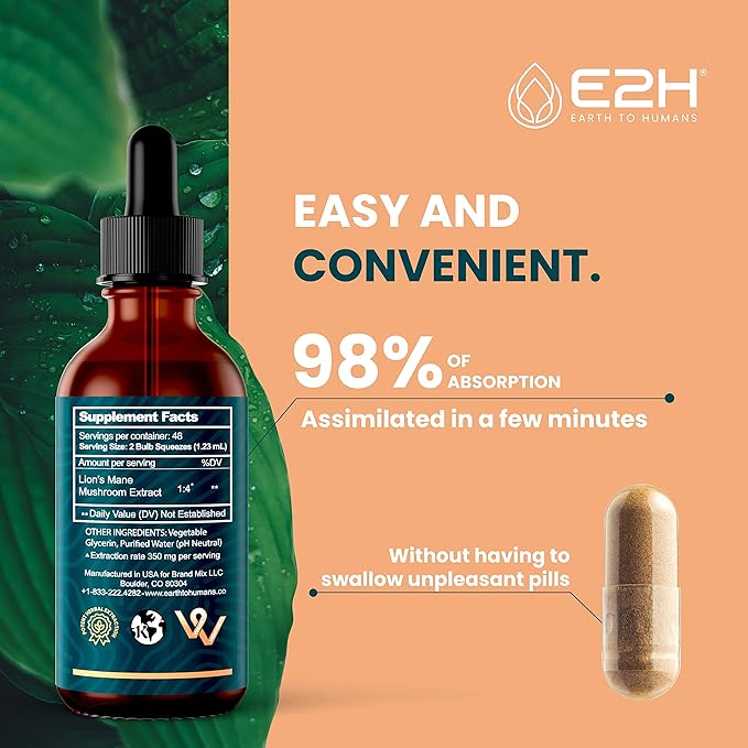 E2H Lion’s Mane Extract - Promotes Mental Clarity, Memory & Focus - Lion’s Mane Mushroom Supplement for Inmune Support - Non-GMO, Vegan - (3 Bottles)