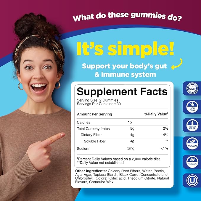 Advanced Fiber Gummies for Adults - Chicory Root Supplement with Prebiotic Support & Coconut Oil for Gut & Digestive Health - Soluble Digestion Capsules for Stomach Regulation & Immune Aid - 60 Ct