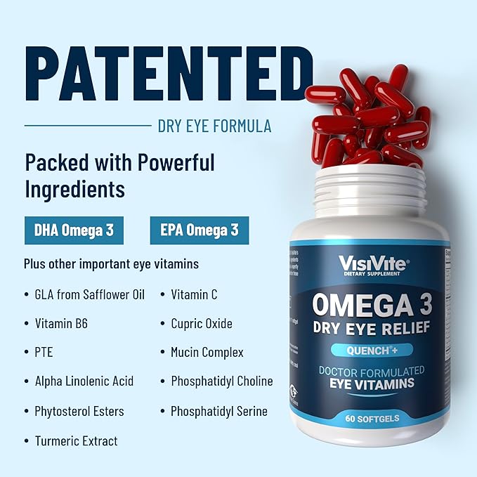 Omega 3 Dry Eye Supplements with EPA and DHA - VisiVite Dry Eye Relief Quench+ Eye Vitamins for dry eyes with Omega 3 Supplement - Dry Eye vitamins Made with Omega 3 Fish Oil - 60 Softgels.