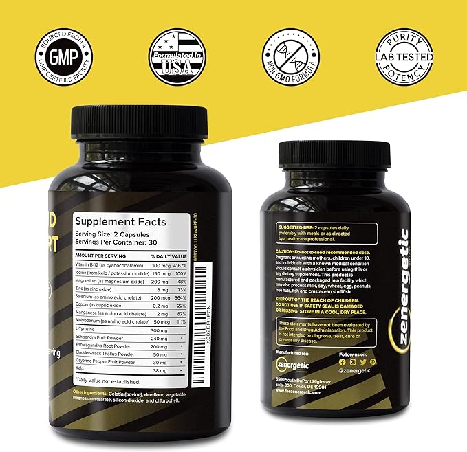 Thyroid Support Supplement with L Tyrosine & Iodine │ Focus, Clarity, Energy & Metabolism │ Ashwagandha, Vitamin B-12, Magnesium, Schisandra │ Hormonal Balance for Women & Men │ Non GMO