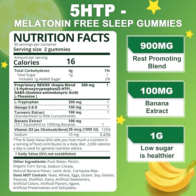 1Pack 5-HTP GABA Gummies - Melatonin Free Calm & Relaxation Gummies w/Banana Extract, L-Theanine, L-Tryptophan, Omega-3-6-9 for Health Rest Cycle & & Circadian Rhythm, Natural Zzzs, Brain Relax
