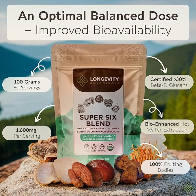 Longevity Botanicals Super Six Organic Mushroom Blend 100g | Reishi, Lion’s Mane, Chaga, Cordyceps, Tremella & Turkey Tail | Extract Powder Mix | 10:1 Ratio | 100% Fruiting Bodies | Mushroom Complex
