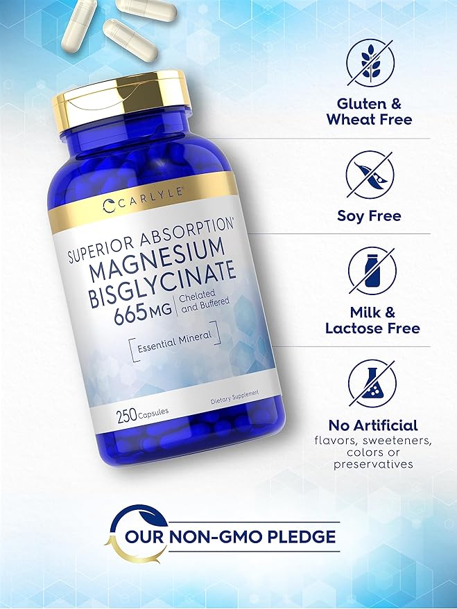 Carlyle Buffered Magnesium Bisglycinate 665 mg | 250 Capsules | Chelated Essential Mineral | Non-GMO and Gluten Free Supplement
