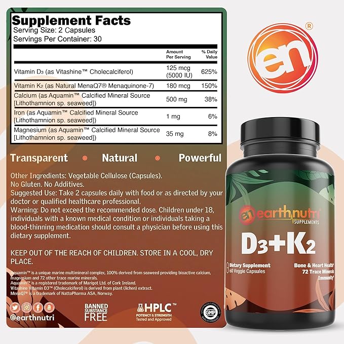 Vitamin D3 K2 Supplement 5000 IU – Includes K2 from MENA Q7, D3 from Vitashine, Calcium from Aquamin & 72 Trace Minerals – for Immune, Bone & Heart Health – Non-GMO – 60 Veg Capsules