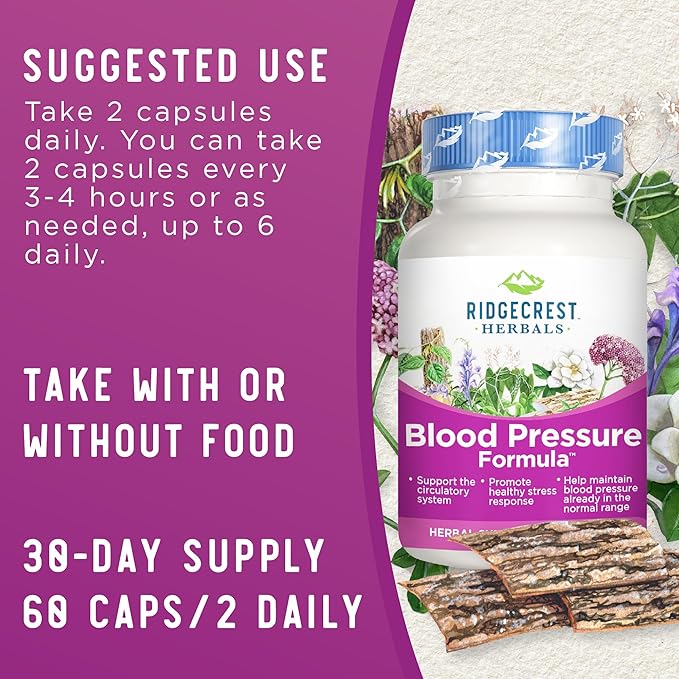 Ridgecrest Herbals Blood Pressure Herbal Formula, 12 Herbs, Poria Mushroom, Gastrodia, Gardenia, for Heart, Vascular, Circulation Health (60 Count (Pack of 1))