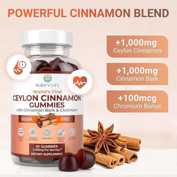 Sugar-Free Ceylon Cinnamon Gummies (2,000mg/Serving) Joint Pain Support Supplement for Brain Health, Vegan, Gluten-Free, Replace Ceylon Cinnamon Capsules, Pills, Powder, Extract (60 Chews)