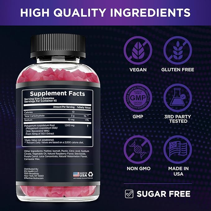 Resveratrol Gummies 1500mg | Sugar-Free Supplement for Antioxidant Support, Immunity, Heart Health, and Brain Function | 45-Day Supply, Natural Berry Flavor, Made in USA (90 Count)