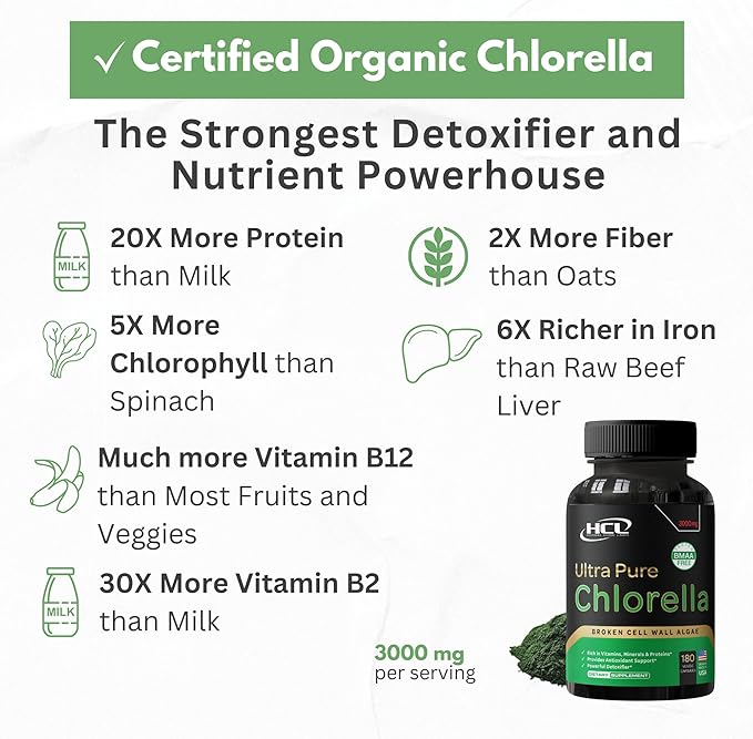 Chlorella Capsules Organic 3000 mg - Cracked Cell Wall Blue Green Algae Supplement - Best Natural Detox Cleanse - Plant Vitamins Minerals Chlorophyll Vegan Protein Powder Pills - Made in USA
