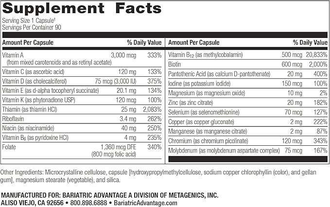 Bariatric Advantage Ultra Solo Without Iron - Once-Per-Day Daily Multivitamin - for Bariatric Patients - with Thiamin, Vitamin A & More - Gluten Free - 90 Capsules