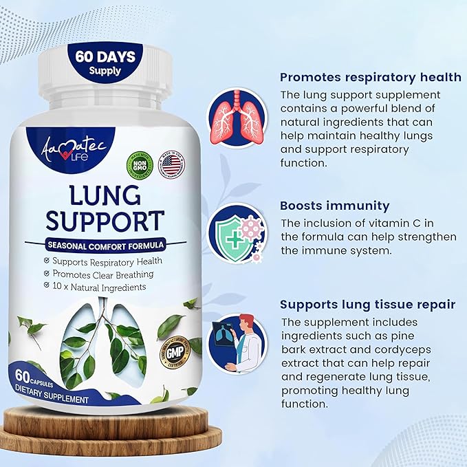 Lung Support Dietary Supplements Herbal Breathing Support 10 Active Ingredients Original Formula for Lung Health Lung Cleanse Formula Supplement for Bronchial System 60 Capsules Non GMO