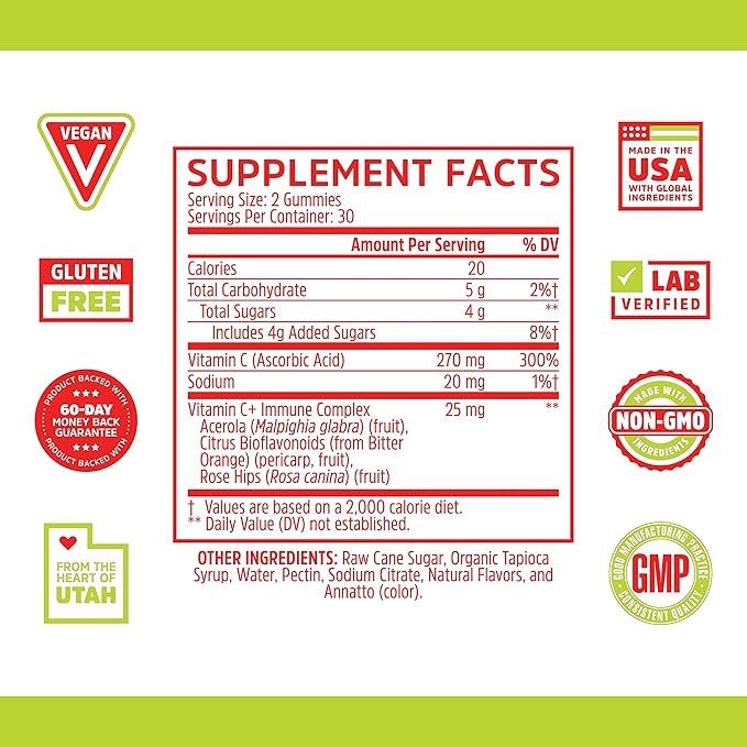 Zhou Nutrition Vitamin C+ Immune Support Gummies Max Strength with Rose Hips & Bioflavonoids, Non-GMO, Vegan, Gluten Free, Orange Blast Flavor, 60 Count