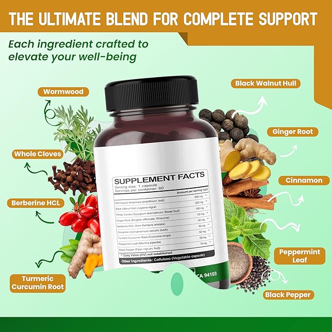 Wormwood Black Walnut Whole Cloves Ginger - Support Digestion Wellness, Liver Cleanse, Joints Health - 120-day Supply - Made in The USA