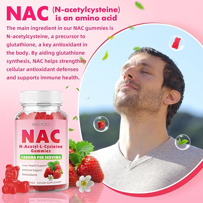 2 Pack Sugar-Free 1000mg NAC Gummies, N-Acetyl Cysteine Supplement for Antioxidants & Immune Support, 120 Vegan Gummies