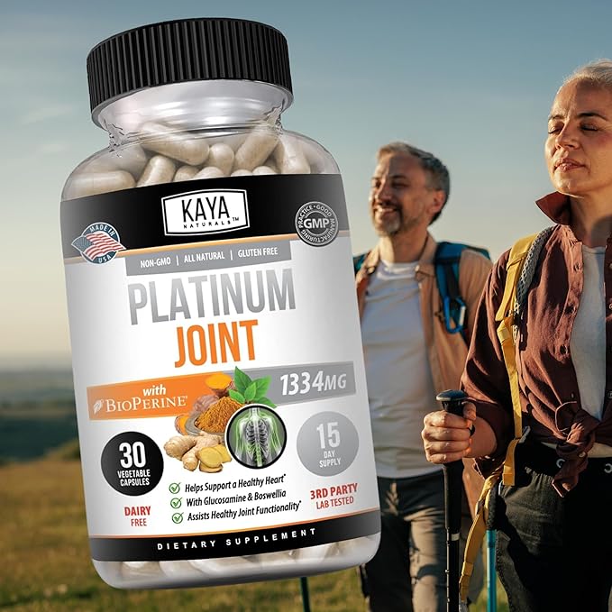 Kaya Naturals Platinum Mobility Turmeric - Bioperine, Glucosamine, Turmeric with Boswellia, Healthy Natural Mobility Support, Turmeric Curcumin 1334mg - 30 Capsules