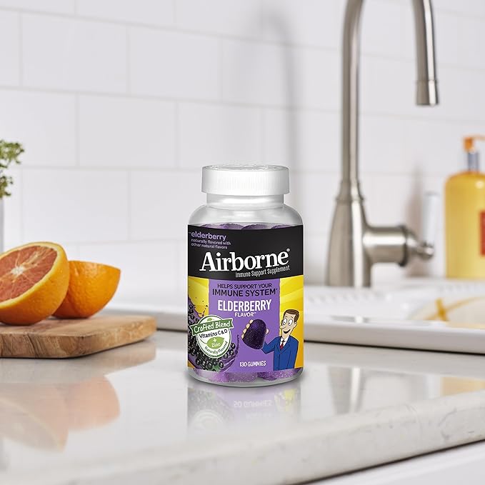 Airborne Elderberry + Zinc & Vitamin C Gummies for Adults, Immune Support Vitamin D & Zinc Gummies with Powerful Antioxidant Vitamins C D & E - 130 Gummies, Elderberry Flavor