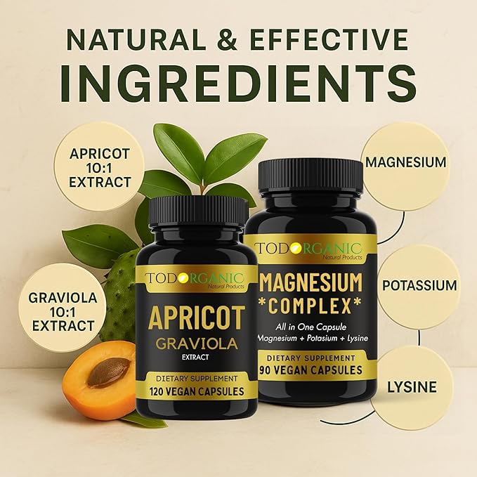 Todorganic 2-Pack: Apricot & Graviola Extract + Magnesium, Potassium & Lysine – Vegan Supplement Combo for Relaxation, Healthy Skin & Mineral Balance – Non-GMO, Gluten-Free – 2 Bottles
