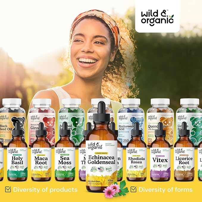 Wild & Organic Echinacea Goldenseal Tincture - Immune Support Drops with Echinacea and Goldenseal Root Extract - Vegan, Sugar & Alcohol-Free Liquid Supplement - 4 fl oz