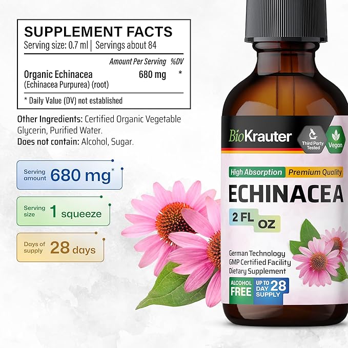 BIO KRAUTER Echinacea Tincture - Natural Immune Support - Echinacea Supplement - Vegan, Alcohol & Sugar Free Drops - 2 Fl.Oz.